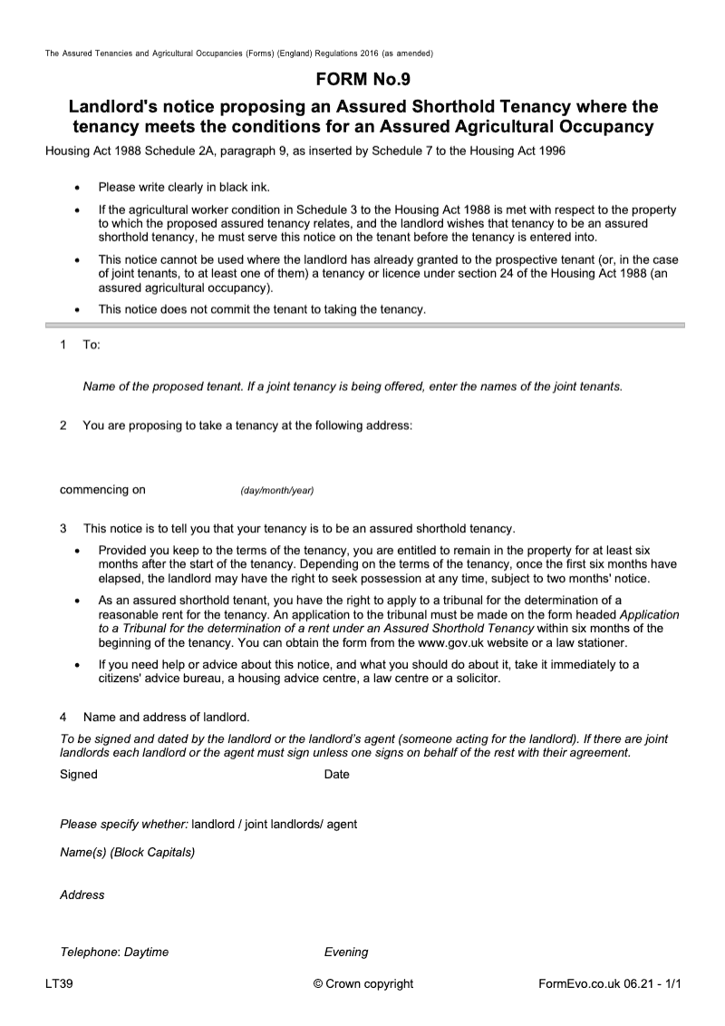 LT39 Landlord s notice proposing an Assured Shorthold Tenancy where the tenancy meets the conditions for an Assured Agricultural Occupancy form 9 [LTA9 HA38] preview